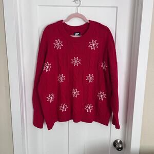 Lands' End Quilted Snowflake Winter Sweater Women's L Red White Grandma Sweater